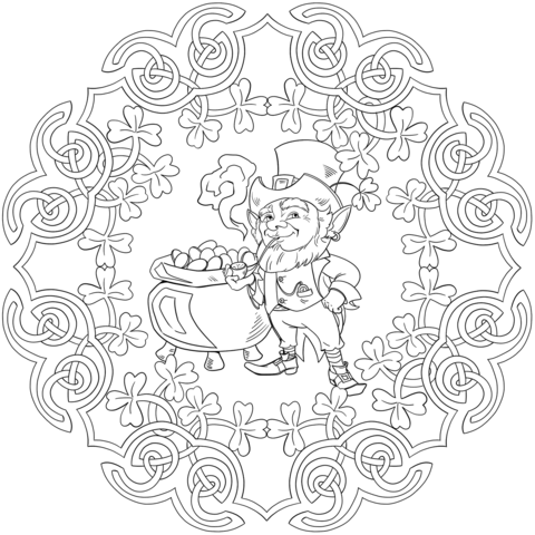 Mandala With St. Patrick Elements Like Celtic Knot, Old Leprechaun And Pot Of Gold Coloring Page